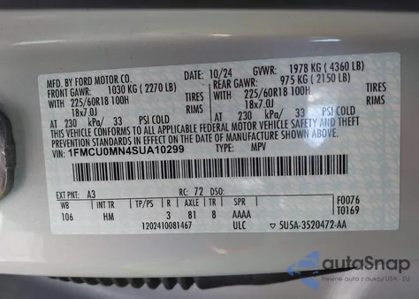 2025 Ford Escape St-Line from USA, damaged, VIN 1FMCU0MN4SUA10299